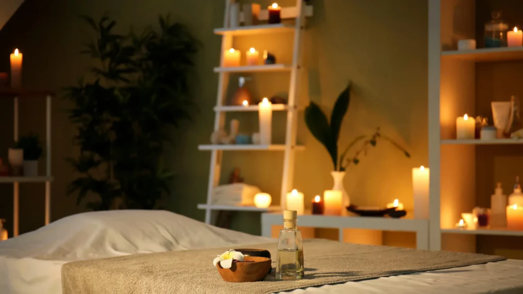 Candlelit massage room for Nuru massage ambiance