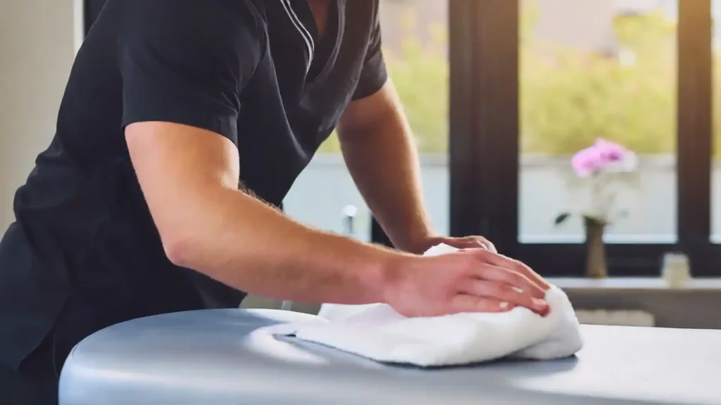 2- Therapist Cleaning the massage table with a Soft Cloth