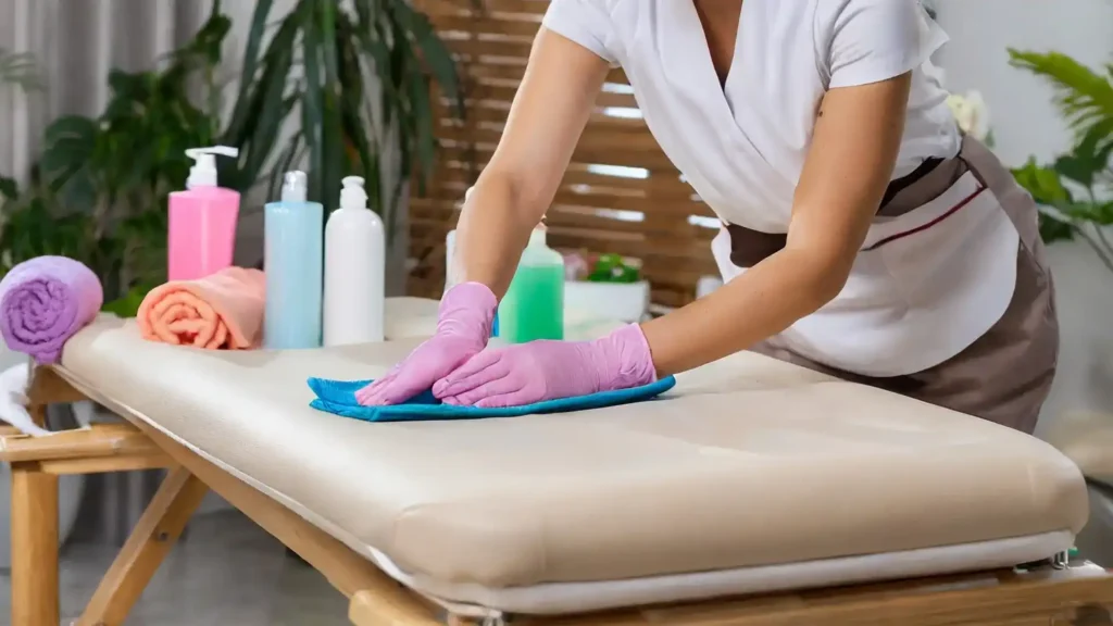 4- Therapist using the additional detergents to clean the massage table